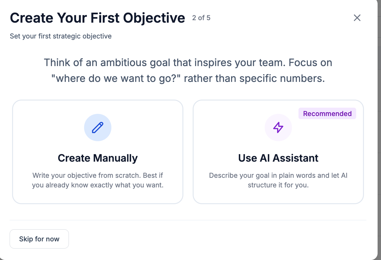 Northstar AI-assisted objective creation flow for setting direction