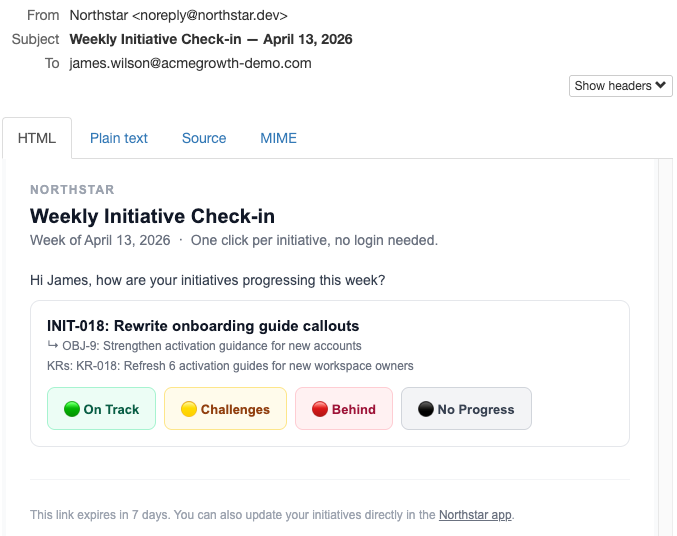 Northstar weekly status request email with one-click response options